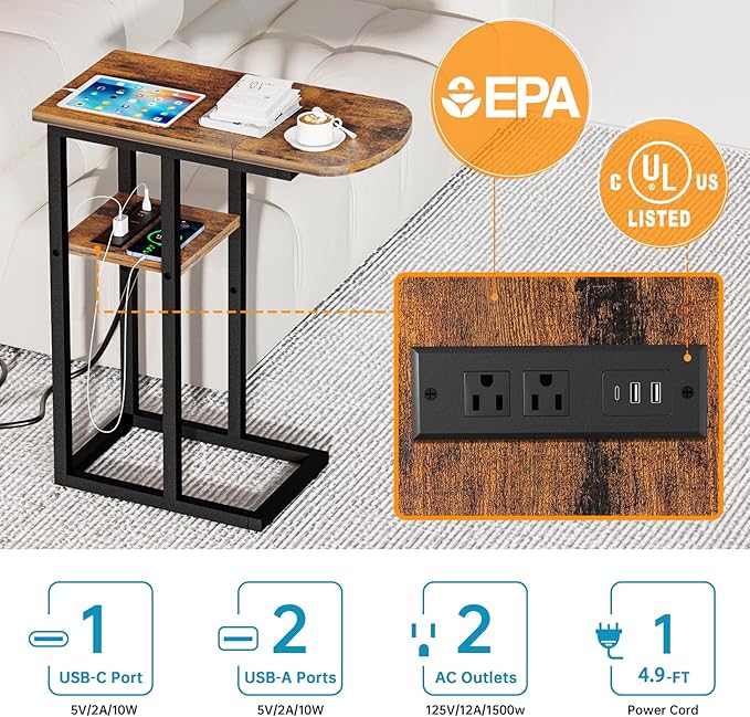 C Shaped End Table with Charging Station, Side Table - Image 4