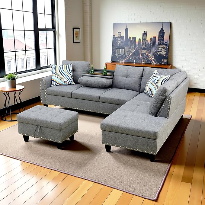 Couches for Living Room Modern L Shaped Couch Comfy Linen Fabric 3 Pieces - Image 4