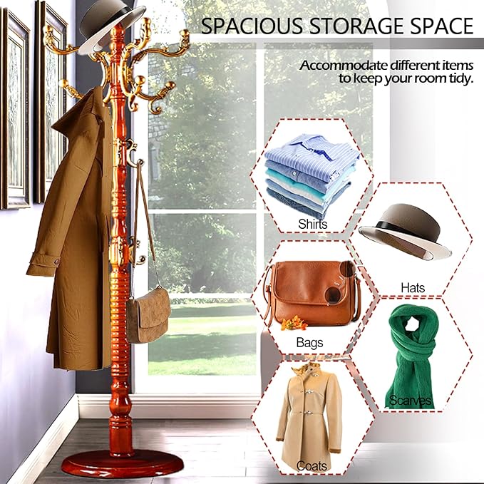 Coat Racks Free Standing with 14 Hooks, Natural Wood Coat Stands - Image 4