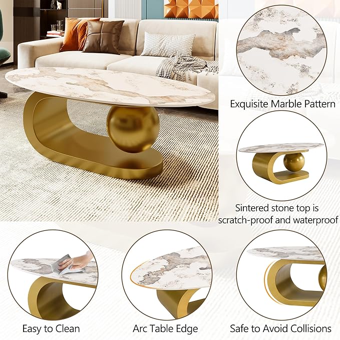 Merax 47.2" Modern Oval Coffee Table, Marble Pattern Sintered Stone Coffee - Image 3