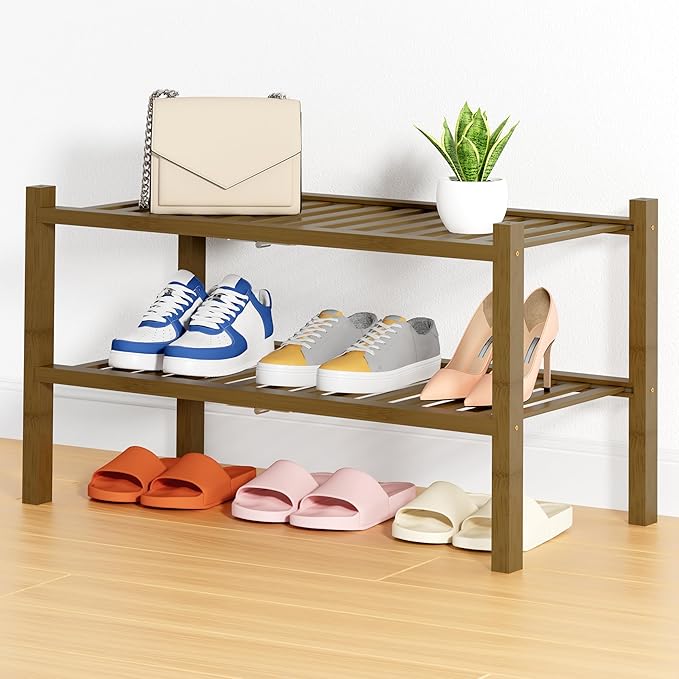 Smiry Shoe Rack, 2 Tier Thick Bamboo Shoe Organizer, Stackable Free Standing by Smiry
