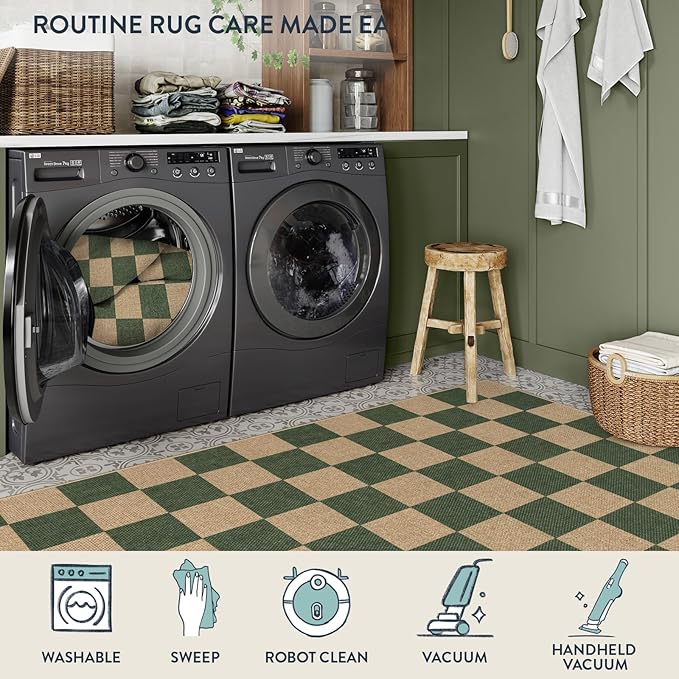 Lahome Checkered Outdoor Runner Rug, 2x8 Green Kitchen Runner Rugs - Image 4