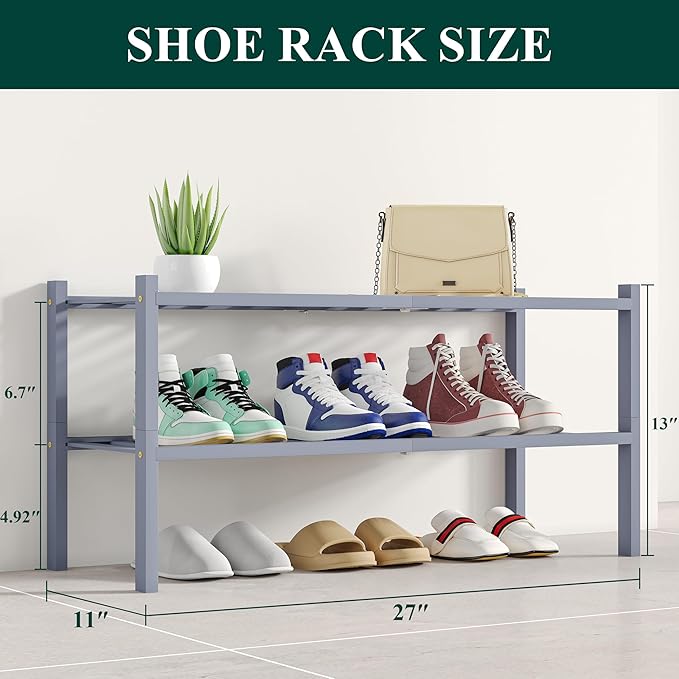 Smiry Shoe Rack, 2 Tier Bamboo Shoe Organizer, Stackable Free Standing Wooden - Image 2