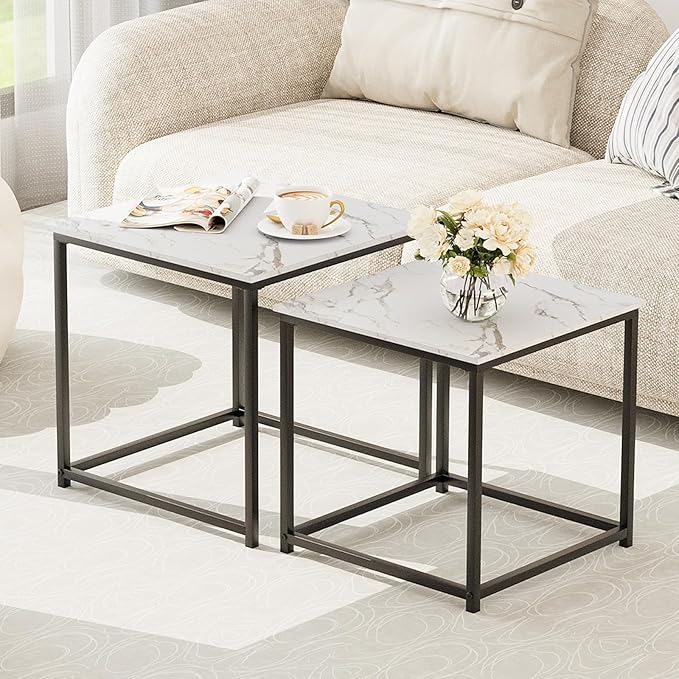 Garden 4 you Coffee Table Set of 2, Modern Faux Marble Nesting Table, Metal - Image 3