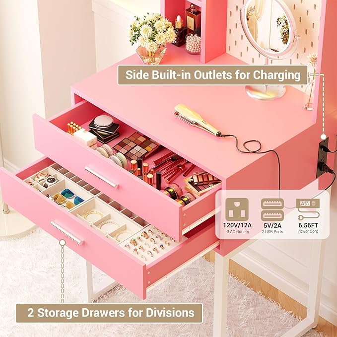 Small Vanity Desk with Hutch and Drawers, Vanity Table Dressing Table with LED - Image 5