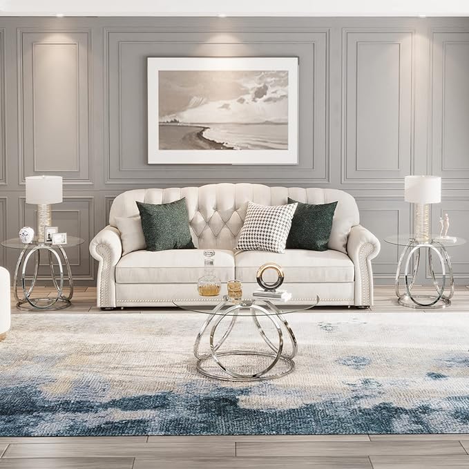 O&K FURNITURE Silver Coffee Table, Modern Glass Coffee Table Living Room Table - Image 8