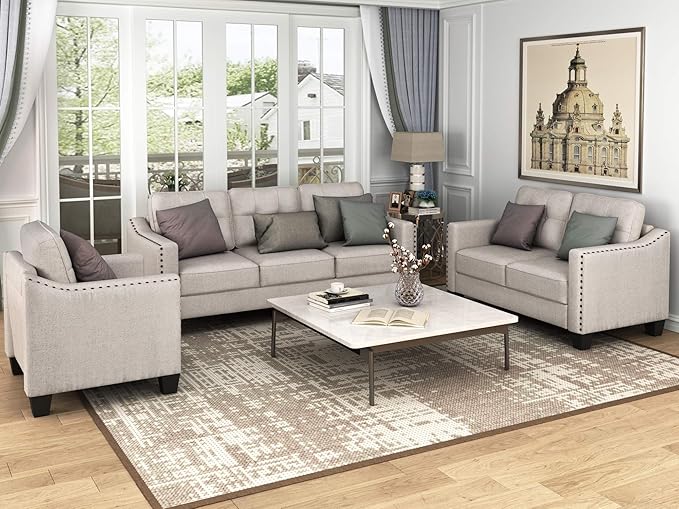 3 Pieses Living Room Sofa Sets Linen Blend Button Tufted Retro Sofa&Couch by Unknown
