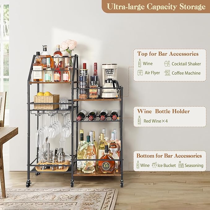 VINAEMO Rolling Bar Cart with Wine Glass Holder, Mini Bar - Image 5