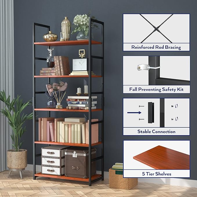 NUMENN 5 Tier Bookshelf, Tall Bookcase Shelf Storage Organizer, Modern Book - Image 5