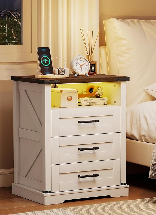 Night Stand with Charging Station 22" Large Farmhouse Nightstands with 3 - Image 8