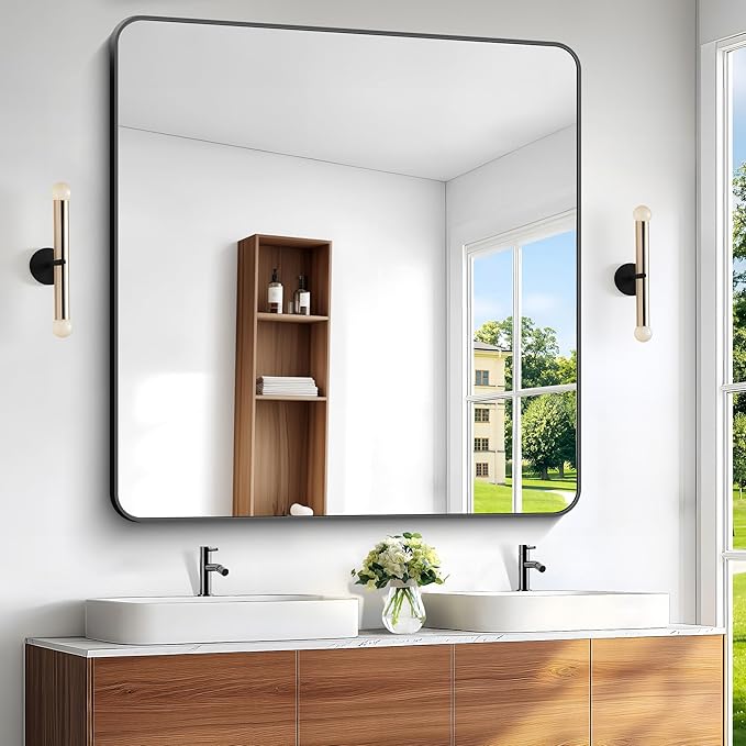 BONEWEI 48x48 inch Bathroom Mirror, Wall Mounted Bathroom Frame Vanity Mirror by BONEWEI