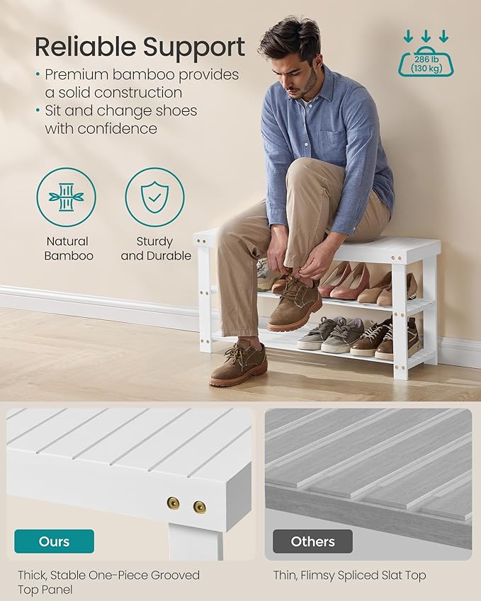 SONGMICS Shoe Rack Bench, 3-Tier Bamboo Shoe Storage Organizer, Entryway Bench - Image 5
