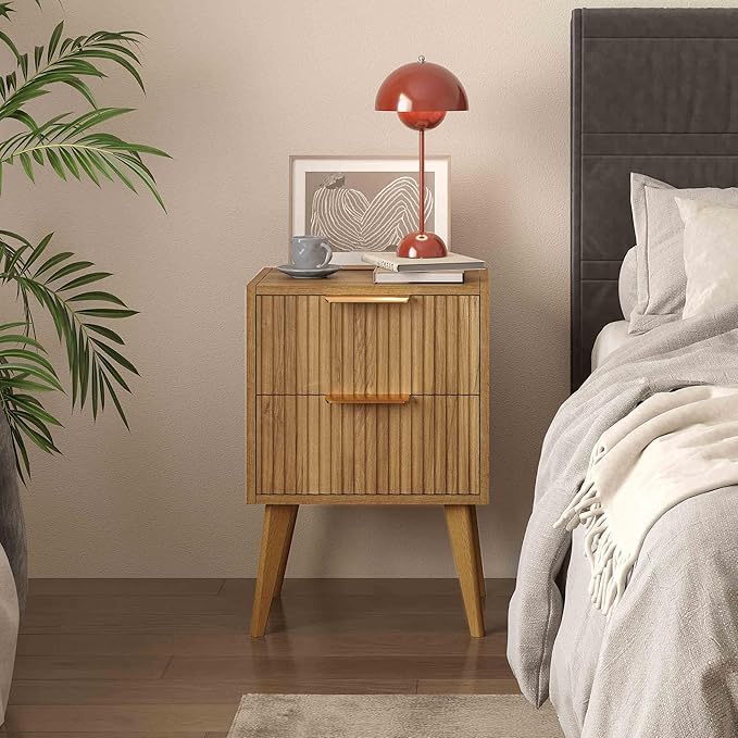 Fluted Nightstand with 2 Drawers, Modern Bedside Table with Metal Handles - Image 4