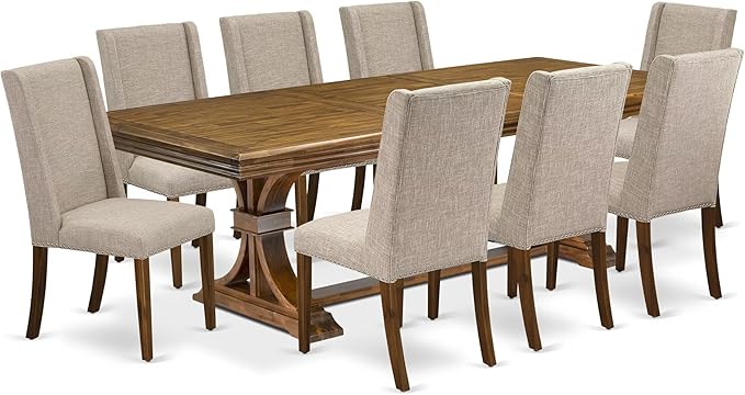 NEFL9-AWA-04-9-Piece Kitchen Set Consists of a Dinner Table and 8 Light Tan - Image 2