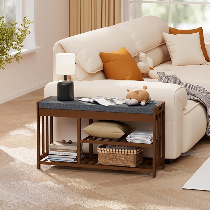Shoe Rack Bench with Cushion, 2 Tiers Shoe Bench with Flip-Top Storage - Image 4