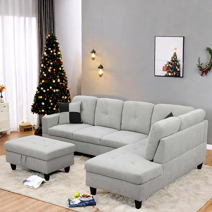 L Shaped Sectional Couch with Otttoman, Apartments, Light Grey - Image 6