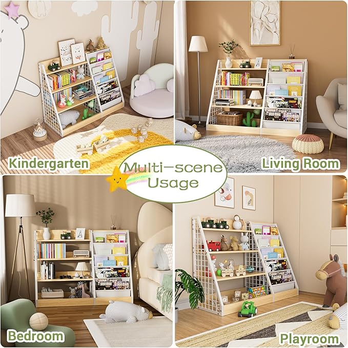 Kids Book Shelf, 4 Tier Wooden Bookshelf, 5 Layer Sling Children Bookcase - Image 3
