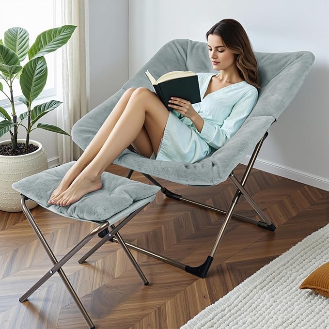 Kokel Plush Folding Chair and Ottoman Padded Metal Frame Living Room Chair - Image 2