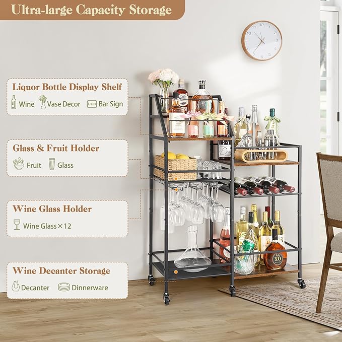 VINAEMO Rolling Bar Cart with Wine Glass Holder, Mini Bar - Image 4