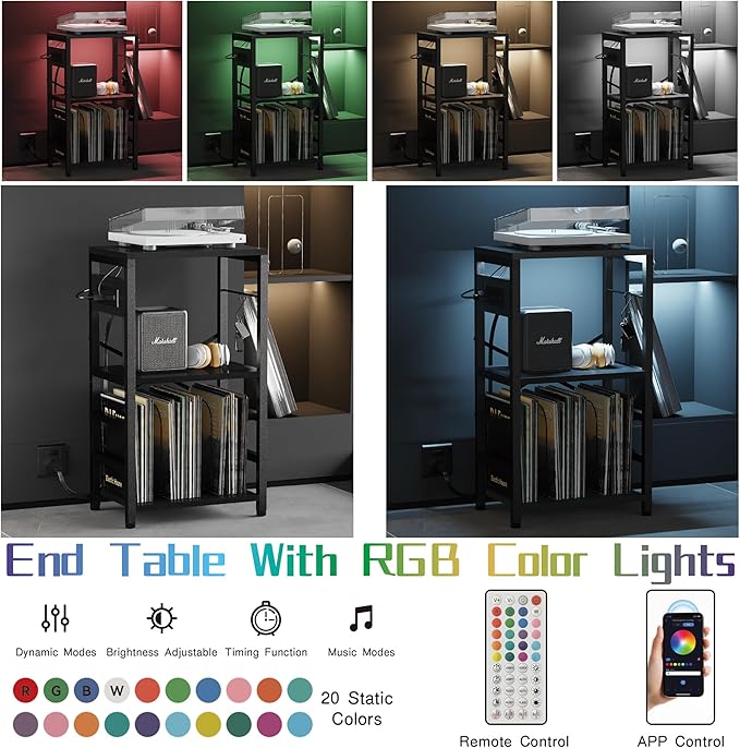 End Table with LED Light, Record Player Stand with Charging Station, Vinyl - Image 4