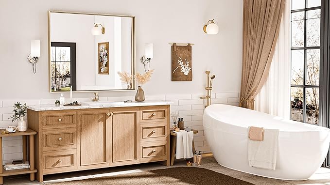 Keonjinn Brushed Gold Bathroom Mirror 42 x 36 Inch Metal Frame Rectangular - Image 2