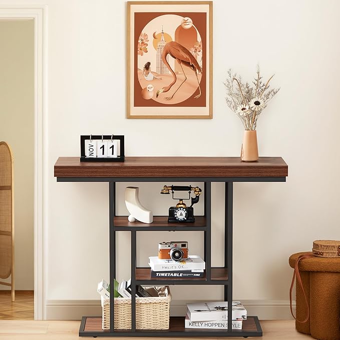 HABUTWAY 42" Industrial Entryway Table, Narrow 4-Tier Wood Console Table - Image 9