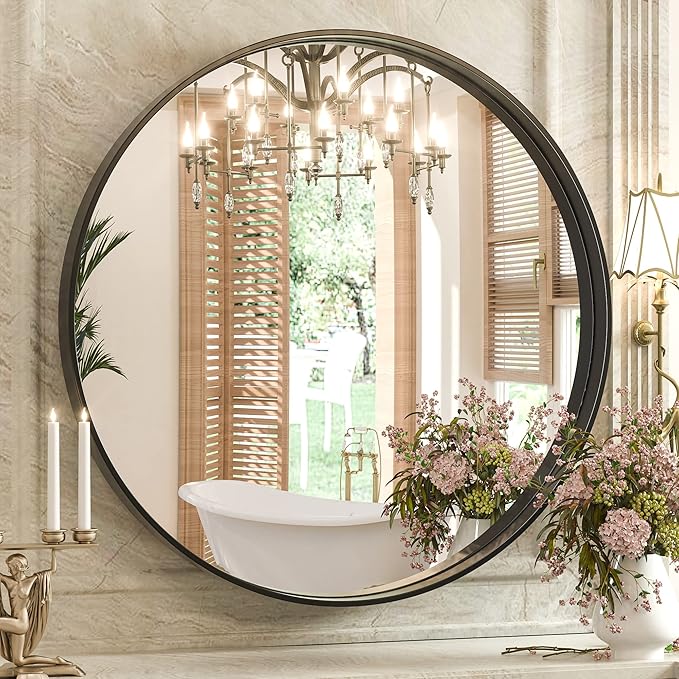 Keonjinn Black Round Mirror 24 Inch, Brushed Black Framed Circle Mirror - Image 8