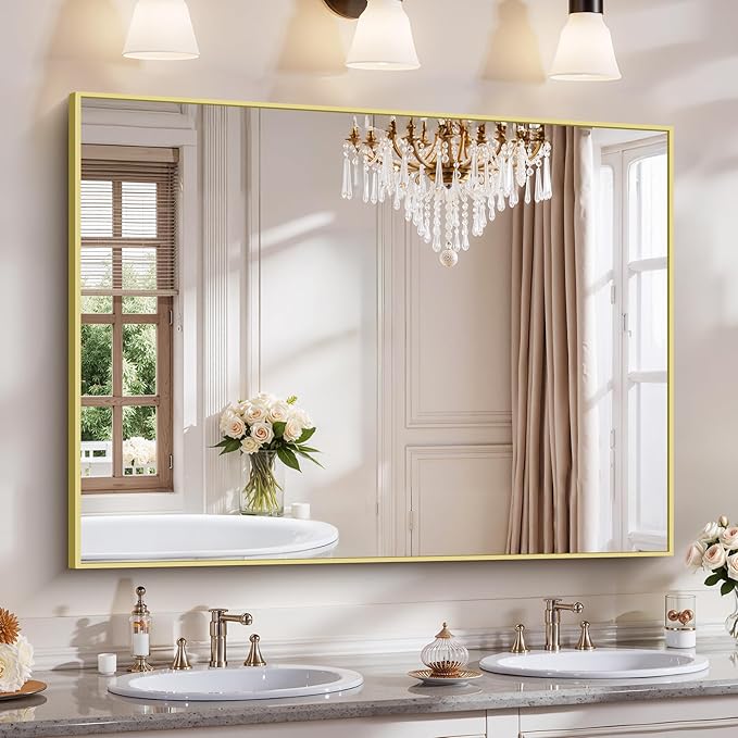 YIROMAN Bathroom Mirror 48"x36", Large Brushed Gold Bathroom Mirror by Unknown