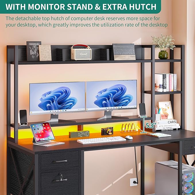 DWVO Computer Desk with Drawers & Hutch, 59.1" Office Desk with Power Outlets & - Image 8