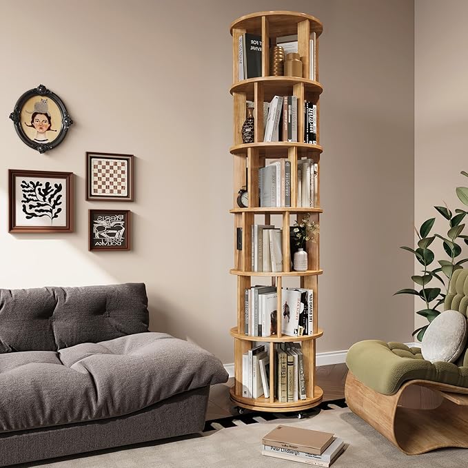 6 Tier Bookshelf Tower, 360° Solid Wood Spinning Bookcase - Image 7
