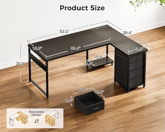 AODK L Shaped Gaming Desk with 4 Drawers, L Shaped Computer Desk with USB - Image 3