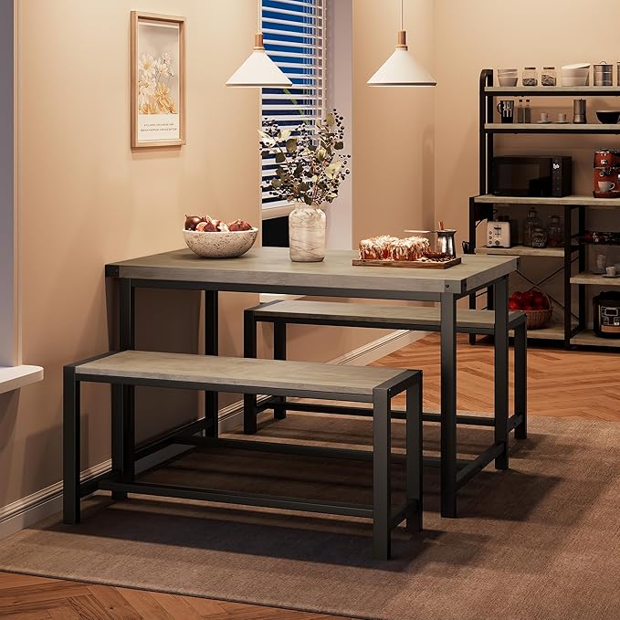 Dining Table Set for 4 with 2 Benches, 3-Piece Kitchen Table Set, Space-Saving by SLEKVERSA