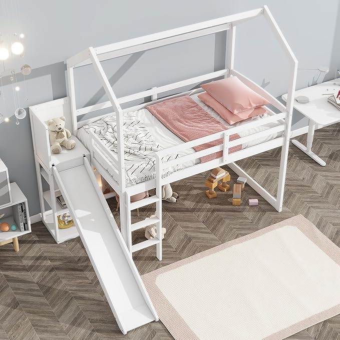 Twin Size House Loft Bed with Slide, Storage Shelves and Light, Wood Kids Bed - Image 9