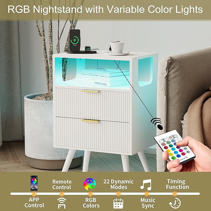 White Nightstand with Charging Station and LED Lights, Modern Bedside Table - Image 5