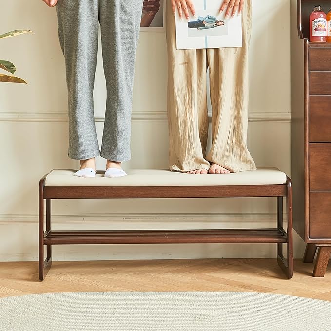 Solid Wood Shoe Bench, 2-Tier Wooden Storage Entryway Bench, Mid-Century Modern - Image 6