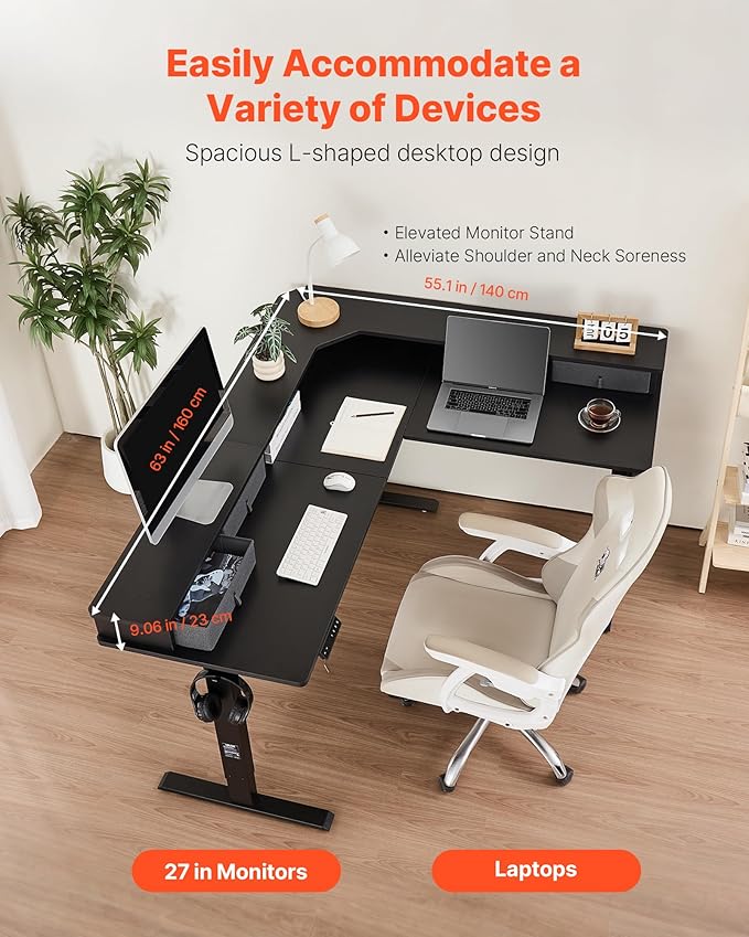 VEVOR 63'' Electric L Shaped Standing Desk, 3 Memory Height, 2-Tier Corner Table - Image 5