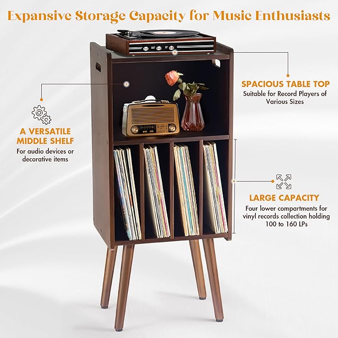 Wooden LP Record Player Stand, 3-Tier Turntable Stand Cabinet Holds up to 100 - Image 3