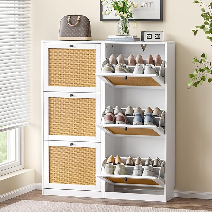 Rattan Shoe Cabinet with 3 Flip Drawers, Narrow Shoe Rack Cabinet with - Image 4