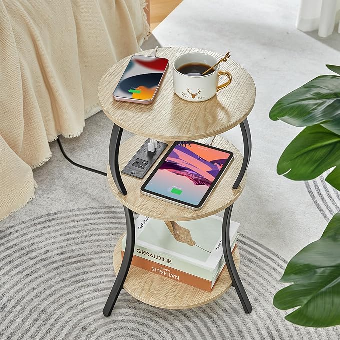 Small Round Side Table with Charging Station, 3-Tier Waist Circular End Table - Image 7