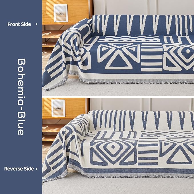 STACYPIK Boho Chenille Blue Sofa Cover L Shaped Couch Cover Reversible Couch - Image 7