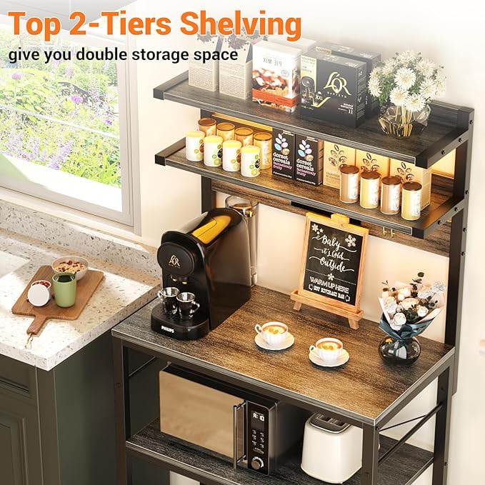 Aheaplus Bakers Rack with Power Outlet, Microwave Stand, 5 Tiers Coffee Bar - Image 6