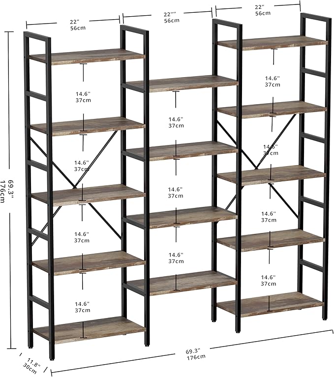 IRONCK Bookcases and Bookshelves Triple Wide 5 Tiers Industrial Bookshelf - Image 3