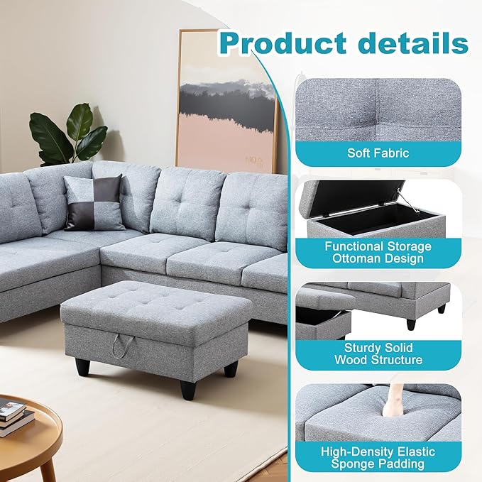L Shaped Couch Modern Sectional Couch Upholstered Linen Fabric 3 Pieces Sofas - Image 5
