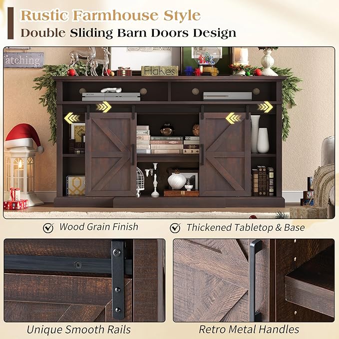 66" Farmhouse TV Stand for 75 Inch TVs, Rustic Media Console Table Storage - Image 5