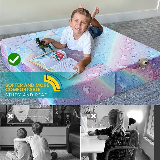 MeMoreCool Glow in The Dark Kids Couch, Rainbow Fold Out Toddler Sofa, Modular - Image 6