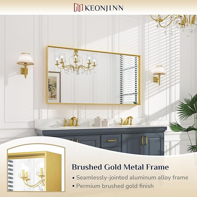 Keonjinn Gold Bathroom Vanity Mirror 55" x 30" Rectangle Large Wall Mirror - Image 6