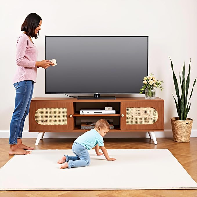 55" Rattan TV Stand for 65 Inch TV Solid Wood TV Console Entertainment Center - Image 9