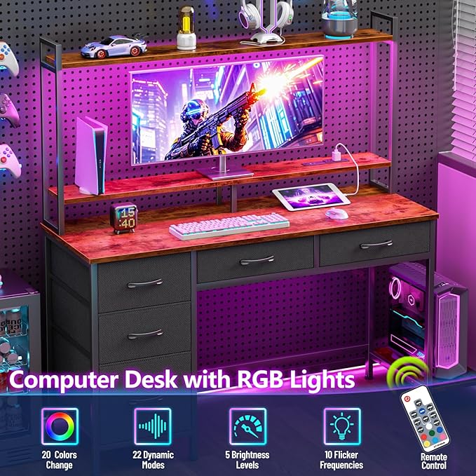 Computer Gaming Desk with Hutch, Home Office Desk with Power Outlets, LED Light - Image 6