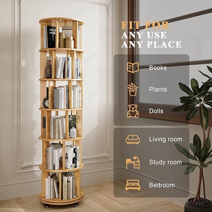 6 Tier Bookshelf Tower, 360° Solid Wood Spinning Bookcase - Image 4