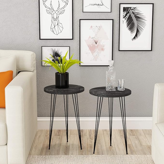 PAK HOME Set of 2 Black Marble End Tables Round Wood Sofa Side Coffee Tables - Image 3